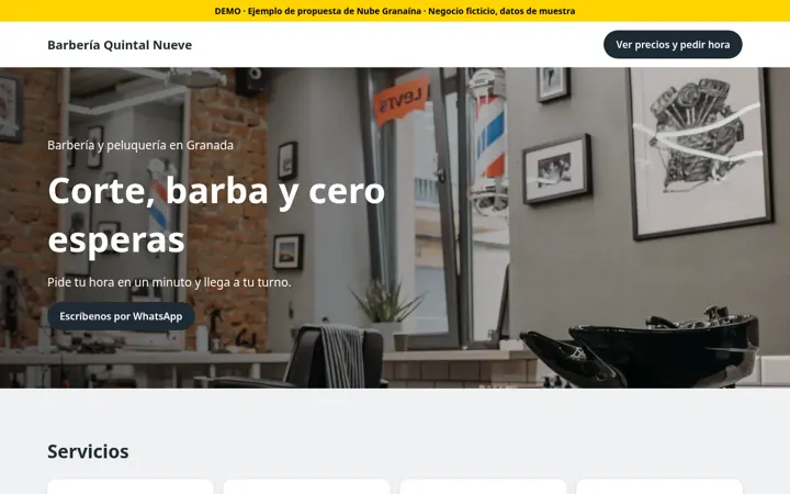 Captura de la demo de web para peluquería y barbería