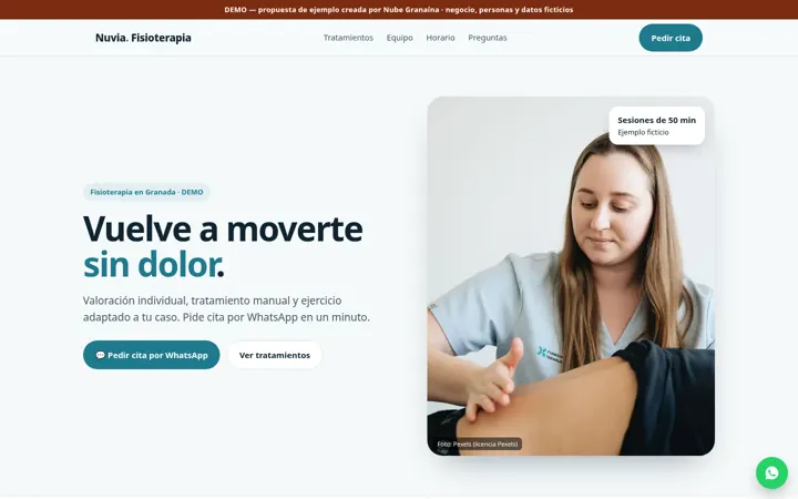 Captura de la demo de web para fisioterapia y clínicas