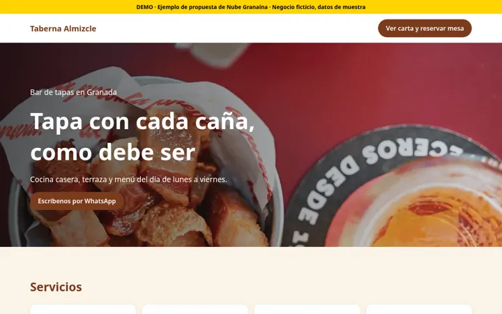 Captura de la demo de web para bar y restaurante